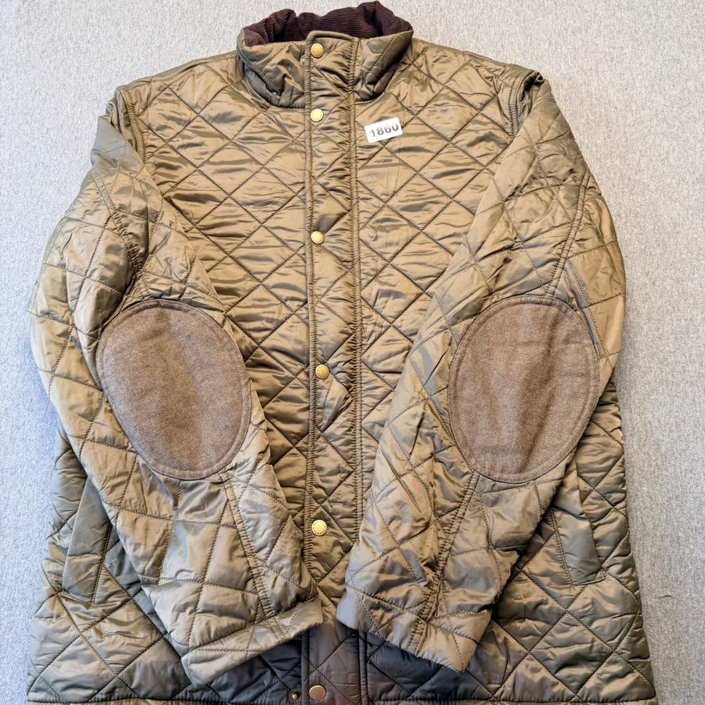 Barbour Quilted Jacket Mens Large Olive Green Fleece Lined Elbow Patches Coat